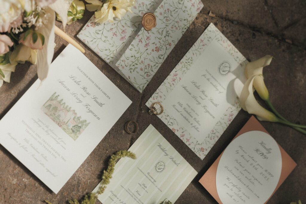 Detail shot of wedding invitation suite styled on textured European stone