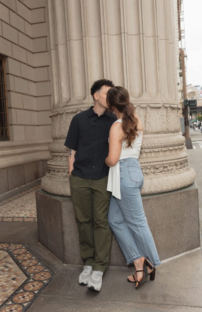 Engagement photo of couple kissing at their session in Portland, Oregon