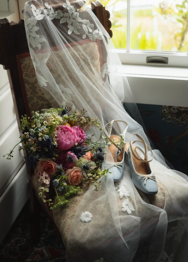 Wedding florals, veil, and shoes at Crockett Farm