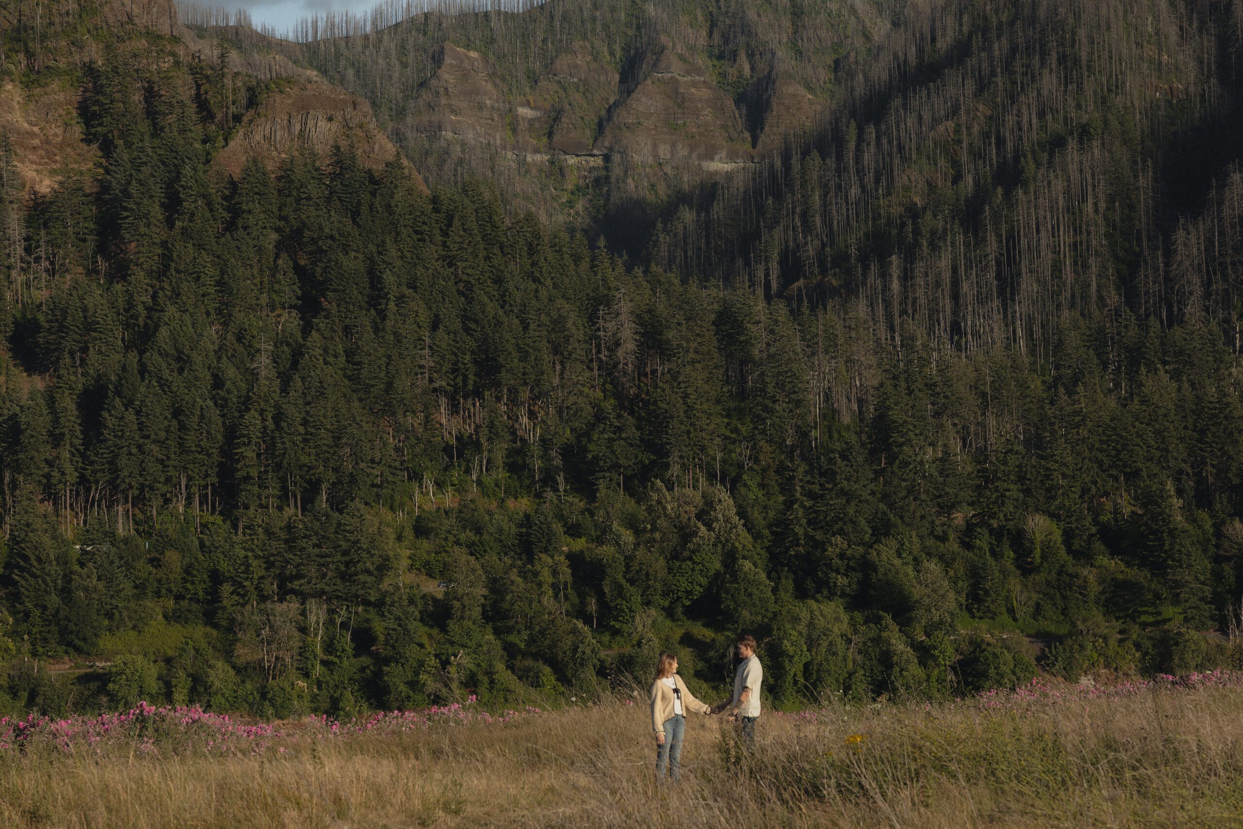Intimate moment of an engaged couple holding hands in the Columbia River Gorge
