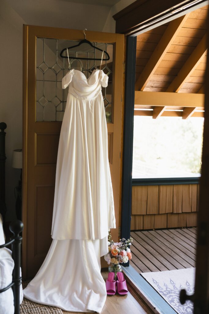 thrifted wedding dress and mule block heels for planning a low environmental impact wedding