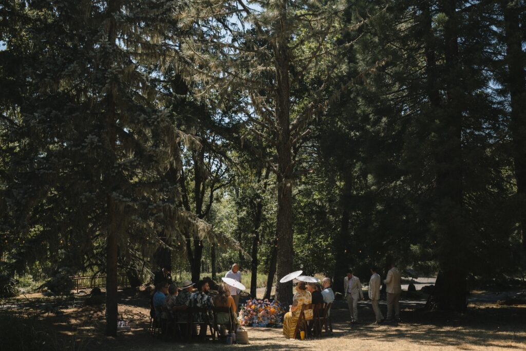 Circular seating arrangement for low waste wedding ceremony with 10 guests at Mount Tom House in Harrisburg, Oregon