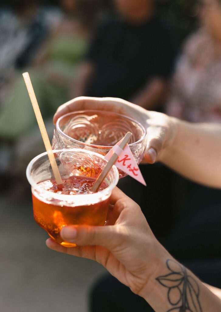 Low waste wedding details including thrifted glassware and decor at Oregon intimate wedding