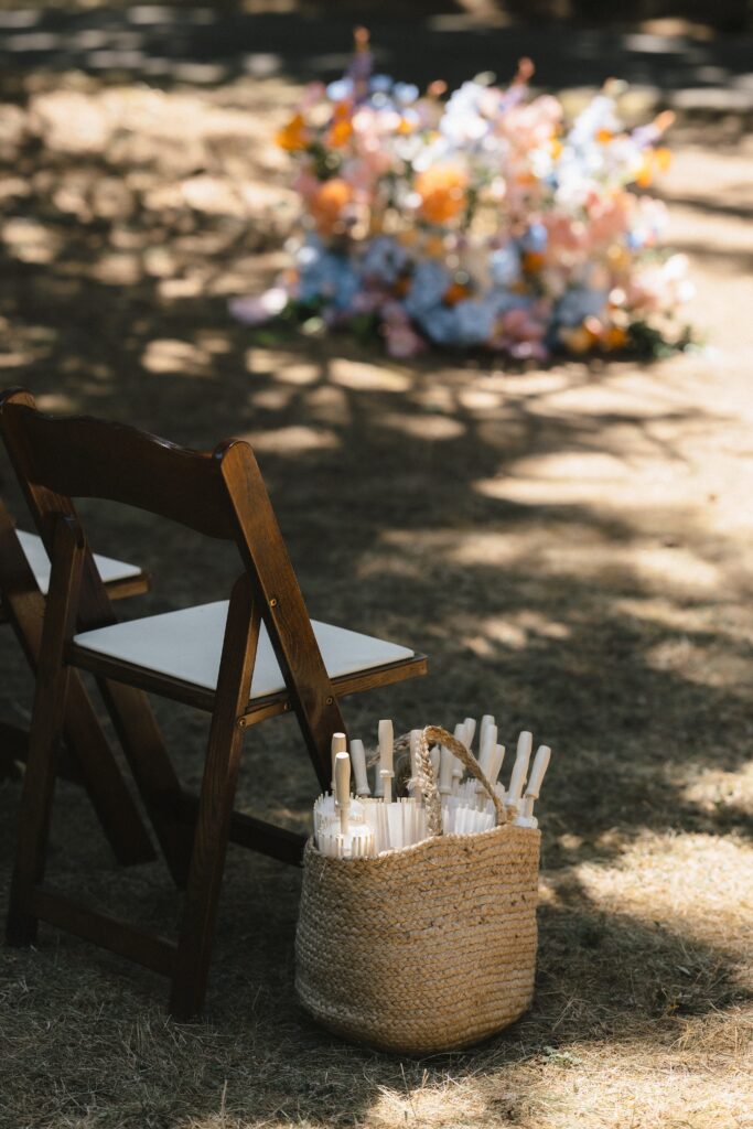 Low waste wedding details including thrifted glassware and decor at Oregon intimate wedding