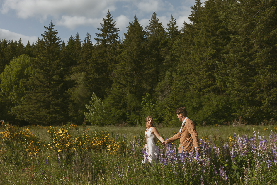 A bride and groom walk through the lupines on the border of the ranch in Stevenson, WA.