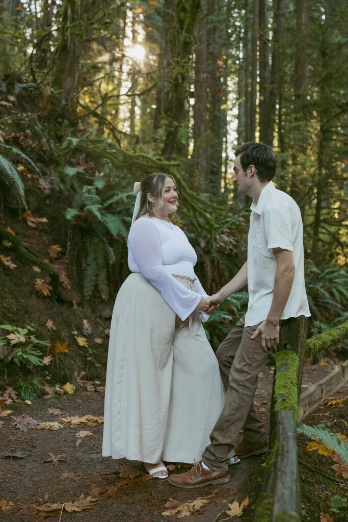 An engagement session in the Redwoods trail at Hoyt Arboretum.