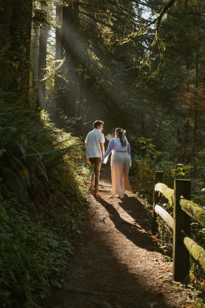 A newly engaged couple explores the Redwoods at their session.